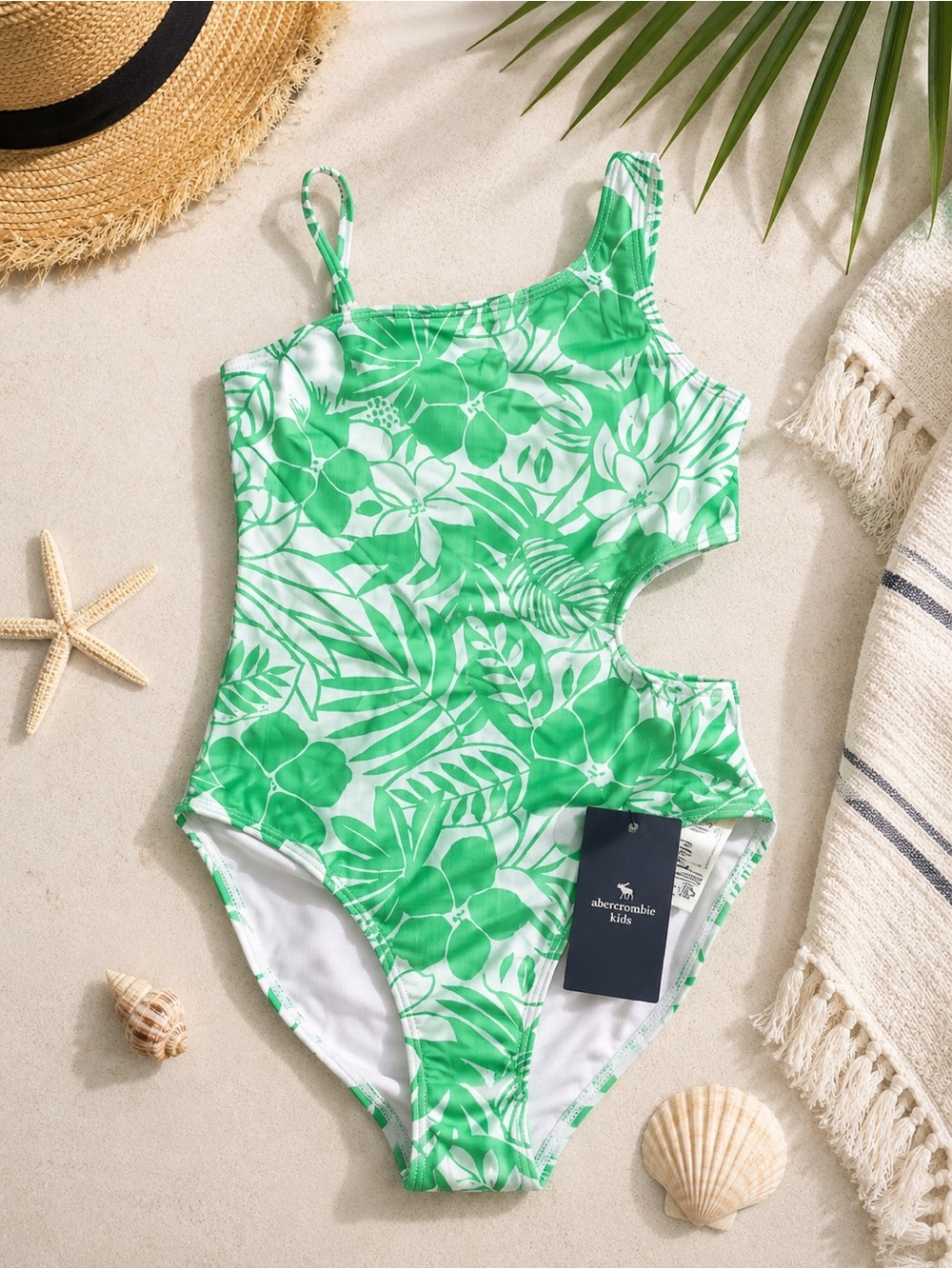 Abercrombie Kids Green Floral One-Shoulder Swimsuit 11/12